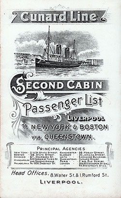 Front Cover of a Second Cabin Passenger List for the RMS Saxonia of the Cunard Line, Departing Tuesday, 17 September 1907 from Liverpool to New York and Boston via Queenstown (Cobh).