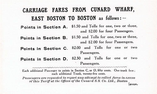 Carriage Fares From Cunard Wharf, East Boston to Boston, 1909.