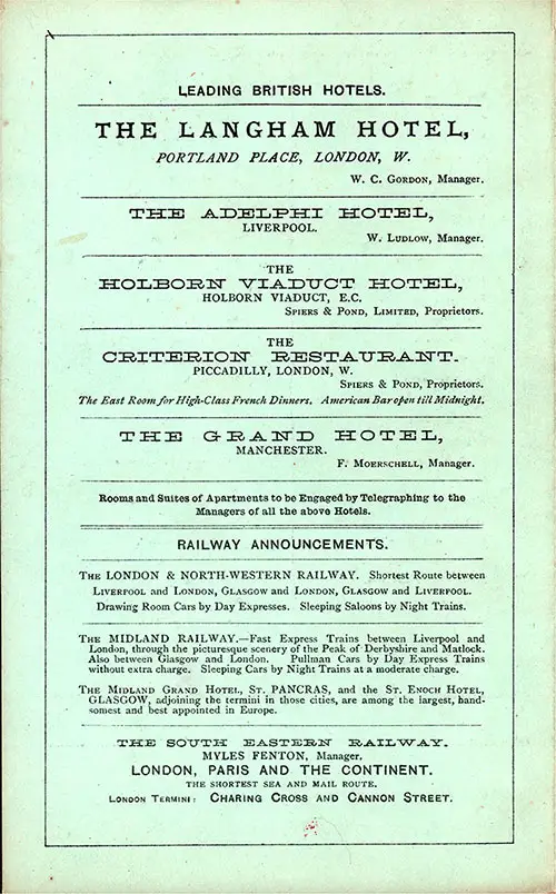 Leading British Hotels & Railway Announcements, 1888.