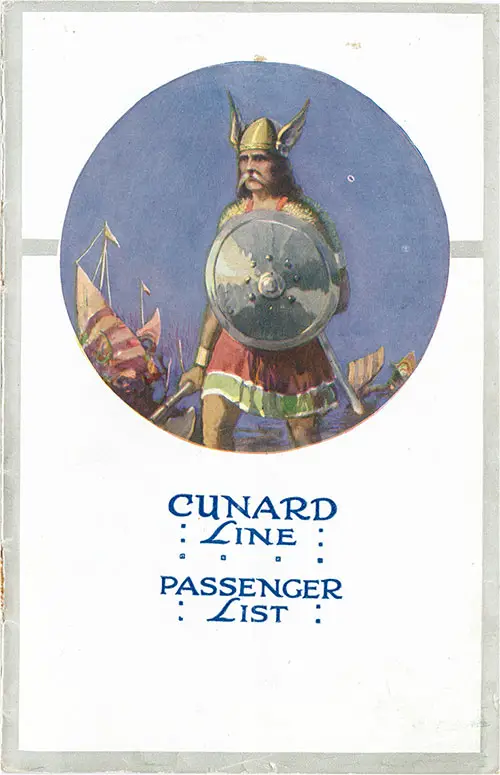 Front Cover, Cunard RMS Scythia Saloon and Second Class Passenger List - 17 August 1922.