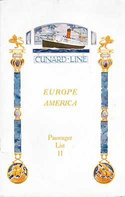 Front Cover of a Second Class Passenger List from the RMS Scythia of the Cunard Line, Departing 27 August 1925 from Liverpool to Boston via Queenstown (Cobh)