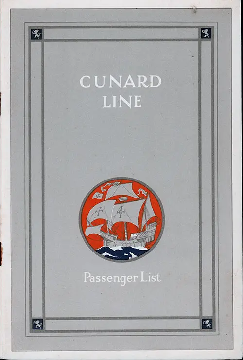 Cover of a Cabin Passenger List from the RMS Scythia of the Cunard Line, Departing Saturday, 27 July 1929 from Liverpool to Boston and New York