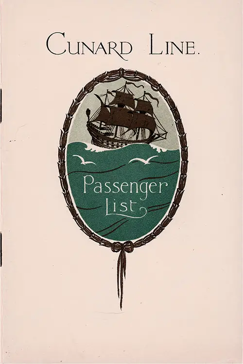 Front Cover, Cunard Line RMS Scythia Tourist Third Cabin Passenger List - 19 October 1929.