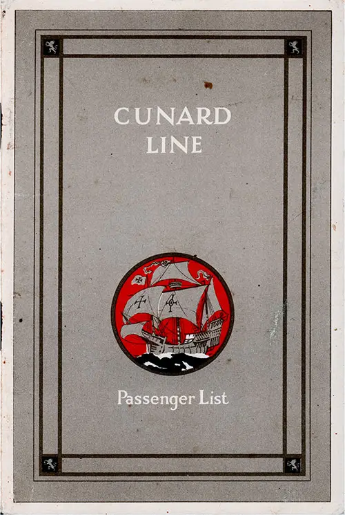Front Cover, Cunard Line RMS Scythia Cabin Class Passenger List - 5 April 1930.
