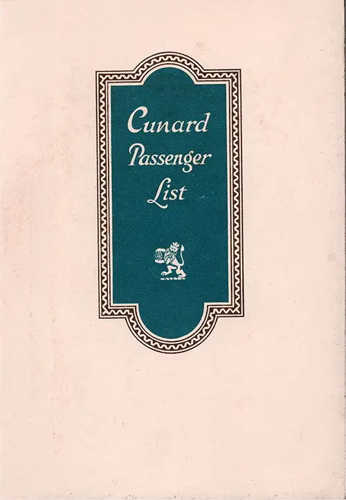 Front Cover, Cunard Line RMS Scythia Tourist Third Cabin Passenger List - 20 September 1930.