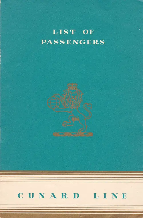 Front Cover of a Tourist Class Passenger List from the RMS Scythia of the Cunard Line, Departing 20 March 1953 from Southampton to Halifax via Le Havre