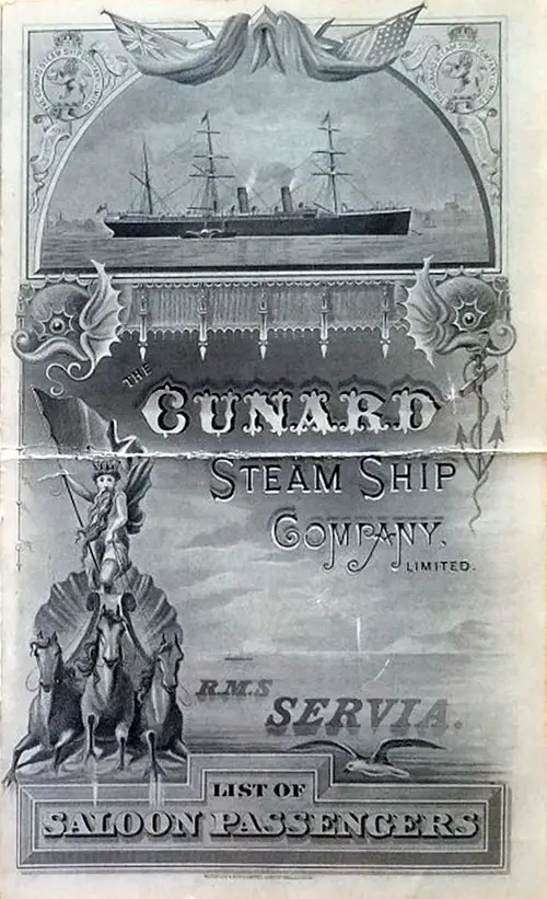 Front Cover of a Saloon Passenger List from the RMS Servia of the Cunard Line, Departing 8 July 1882 from Liverpool to New York, Commanded by Captain Cook.