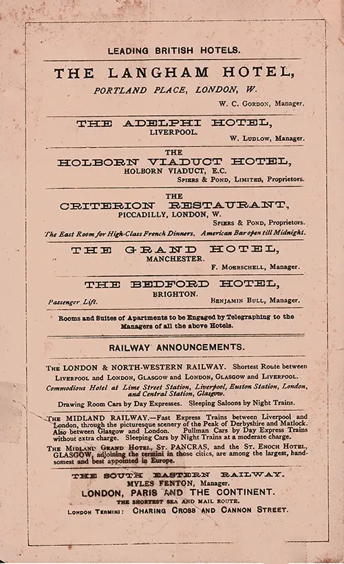 Back Cover of a Saloon Passenger List for the SS Servia of the Cunard Line, Departing Saturday, 18 June 1887 from New York to Liverpool.