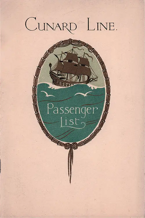 Front Cover, Cunard Line RMS Tuscania Tourist Third Cabin Passenger List - 24 August 1929.