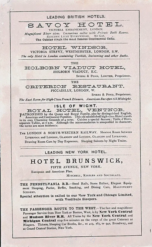 Leading British Hotels, Leading New York Hotel, and Railway Announcements, 1890.