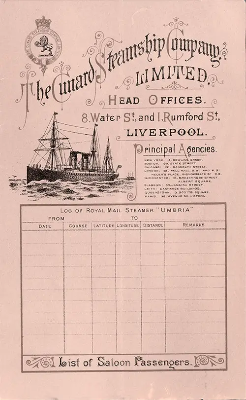 Front Cover of a Saloon Passenger List for the RMS Umbria of the Cunard Line, Departing Saturday, 3 October 1891 from Liverpool to New York