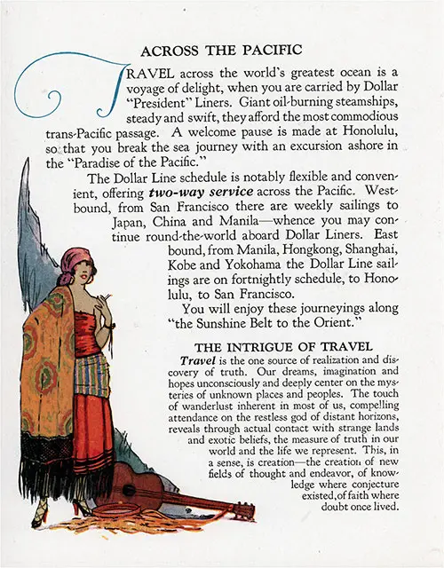 Across the Pacific and The Intrigue of Travel, Included in the 30 September 1930 Cabin Class Passenger List of the SS President Van Buren of the Dollar Steamship Line.