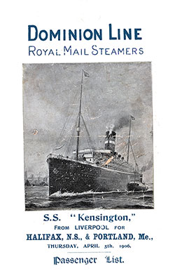 Front Cover, 1906-04-05 SS Kensington Passenger List