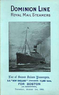 Front Cover, SS New England Passenger List 1 August 1901