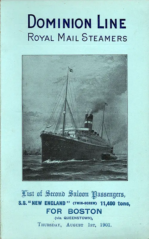 Front Cover - SS New England Passenger List - 1 August 1901