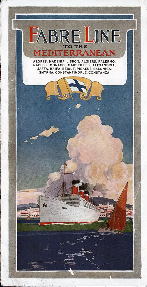 Front Cover, Cabin Class Passenger List from the SS Alesia of the Fabre Line, Departing Thursday, 19 June 1930 from New York and Providence, RI to Ponta Delgada (Azores), Madeira, Piraeus (Athens), Salonica (Thessaloniki), Constantinople (Istanbul), Constanza (Romania?), Jaffa (Haifa), Beirut, and Marseilles.