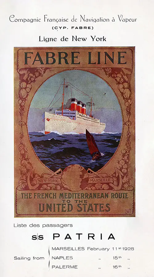 Front Cover, SS Patria Passenger List - 11 February 1928