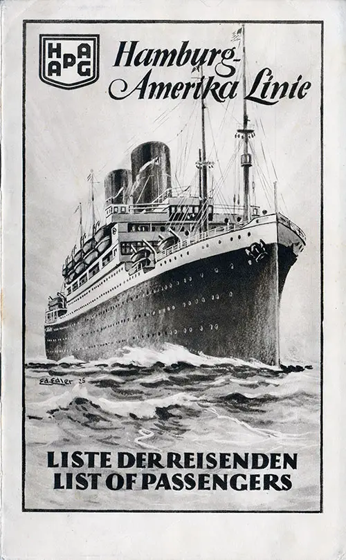 Front Cover of a Third Class Passenger List for the SS Albert Ballin of the Hamburg America Line, Departing 27 August 1926 from Hamburg to New York via Boulogne-sur-Mer and Southampton
