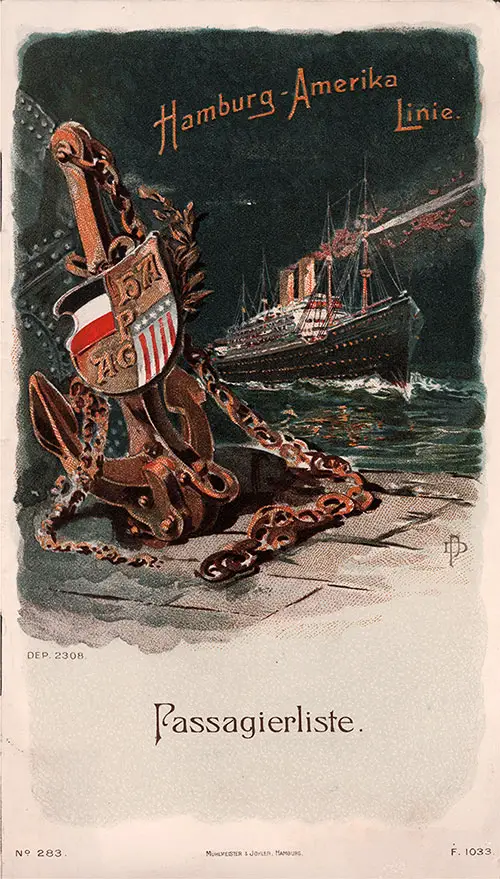 Front Cover of a Cabin Passenger List for the SS Amerika of the Hamburg America Line, Departing 8 August 1907 from Hamburg to New York via Southampton and Cherbourg