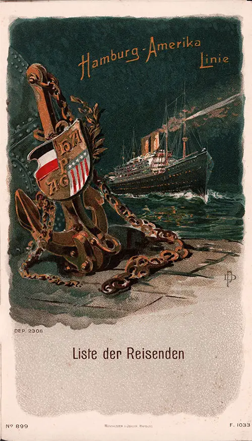 Front Cover of a Cabin Passenger List for the SS Amerika of the Hamburg America Line, Departing 12 November 1908 from Hamburg to New York via Southampton and Cherbourg