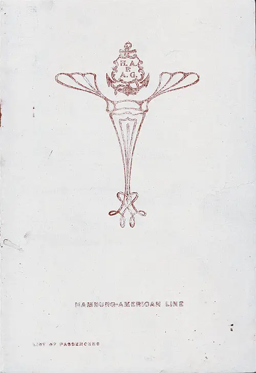 Front Cover of a Second Cabin Passenger List for the SS Batavia of the Hamburg America Line, Departing 1 June 1907 from New York to Hamburg