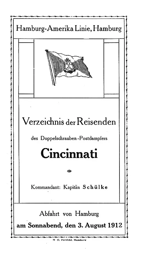 Title Page, SS Cincinnati Cabin Passenger List, 3 August 1912.