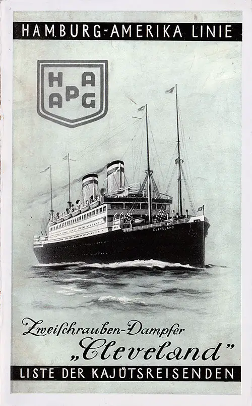 Front Cover of a Cabin Passenger List from the SS Cleveland of the Hamburg America Line, Departing Thursday, 17 October 1929 from Hamburg to Boston and New York