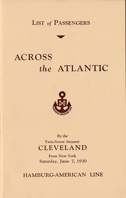 Title Page, SS Cleveland Cabin Passenger List, 7 June 1930.