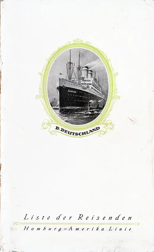 Front Cover of a Cabin Passenger List for the SS Deutschland of the Hamburg America Line, Departing 12 August 1927 from Hamburg to New York via Boulogne-sur-Mer and Southampton