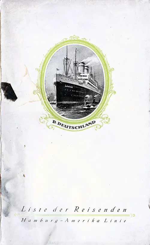 Front Cover of a First Class Passenger List for the SS Deutschland of the Hamburg-American Line, Departing 22 August 1930 from Hamburg to New York via Southampton and Cherbourg