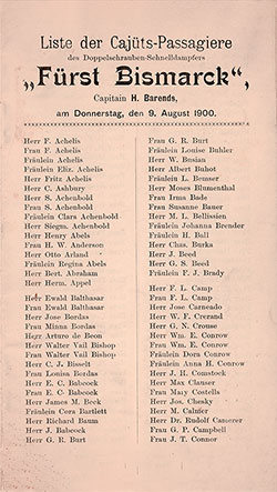 Passenger Manifest, Hamburg-Amerika Linie SS Fürst Bismarck, 1900, Hamburg, Germany to New York