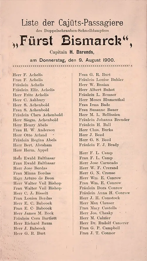 Front Cover of a Cabin Passenger List for the SS Fürst Bismarck of the Hamburg America Line, Departing 9 August 1900 from Hamburg to New York via Southampton and Cherbourg