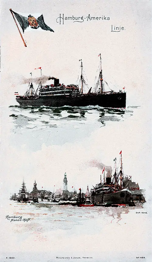 Front Cover of a First and Second Cabin Passenger List for the SS Graf Waldersee of the Hamburg America Line, Departing 29 July 1905 from Hamburg to New York via Dover and Boulogne-sur-Mer