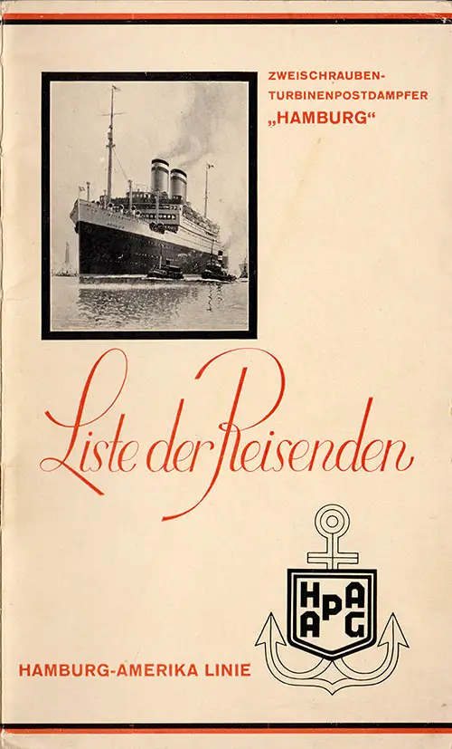 Front Cover of a First & Second Cabin Passenger List from the SS Hamburg of the Hamburg America Line, Departing Friday, 15 March 1929 from Hamburg to New York via Boulogne-sur-Mer and Southampton