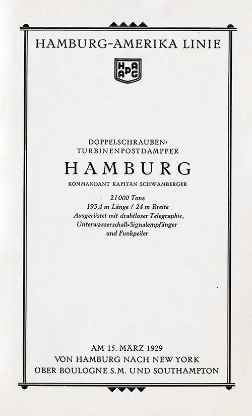 Title Page, SS Hamburg Cabin Passenger List, 15 March 1929.