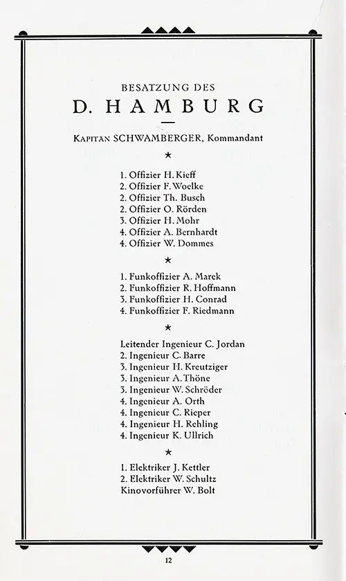 List of Senior Officers and Staff, Part 1 of 2, SS Hamburg Cabin Passenger List, 15 March 1929.