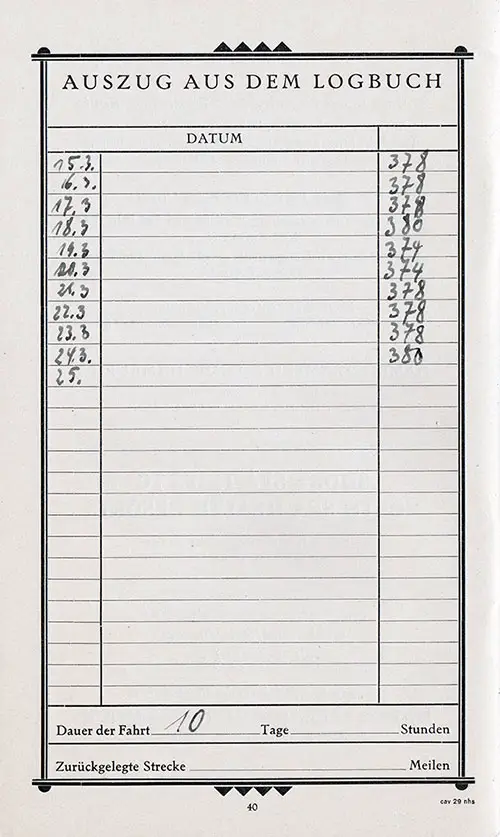 Voyage Logbook from the SS Hamburg of the Hamburg America Line, Departing Friday, 15 March 1929 from Hamburg to New York via Boulogne-sur-Mer and Southampton