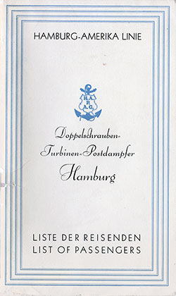 Passenger Manifest - Hamburg Amerika Linie - Hamburg 1929