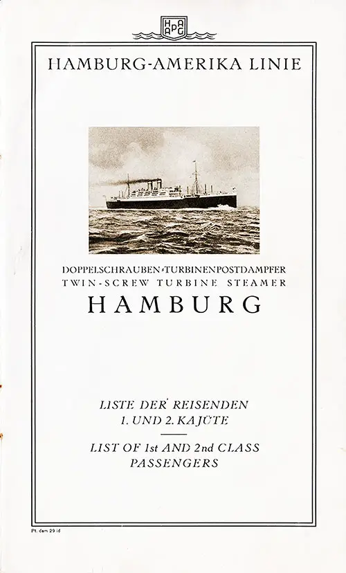 Title Page, SS Hamburg First and Second Class Passenger List, 29 August 1930.