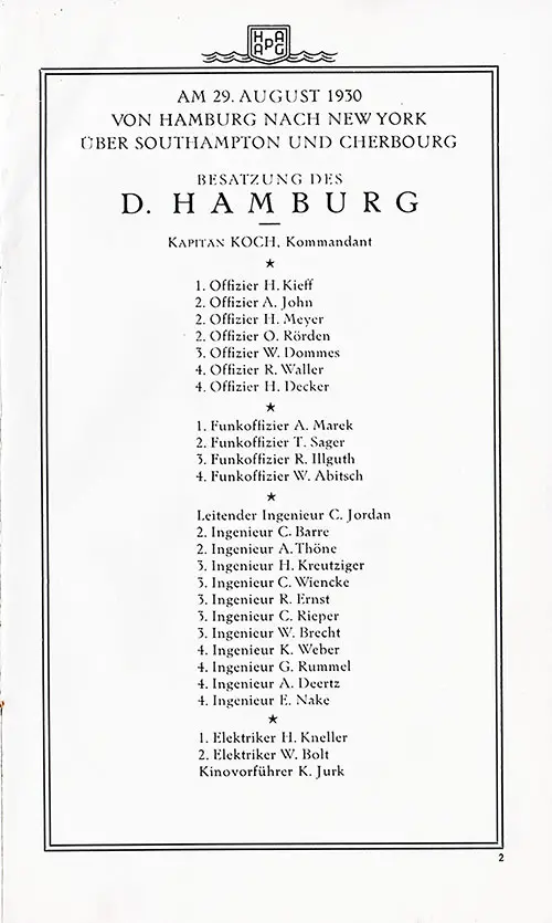 List of Senior Officers and Staff, Part 1 of 2, SS Hamburg First and Second Class Passenger List, 29 August 1930.