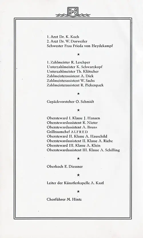 List of Senior Officers and Staff, Part 2 of 2, SS Hamburg First and Second Class Passenger List, 29 August 1930.