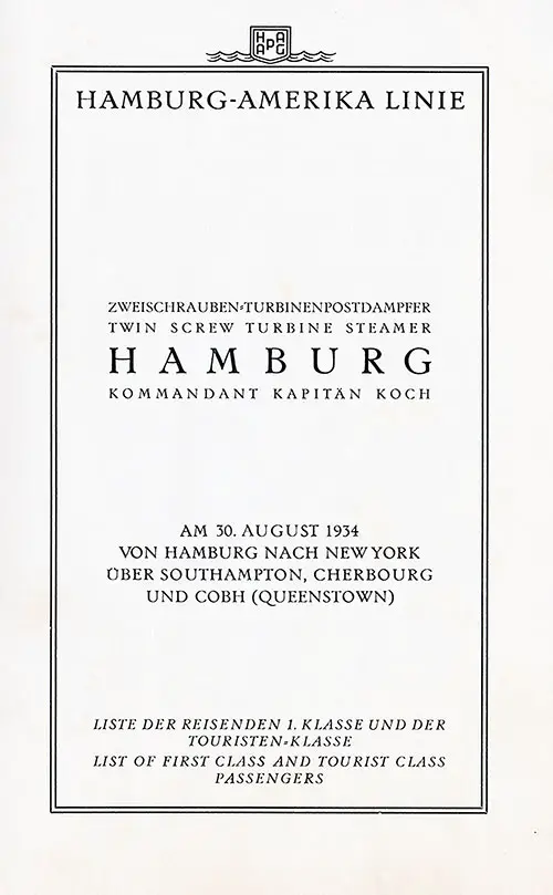 Title Page, SS Hamburg First Class and Tourist Class Passenger List, 30 August 1934.