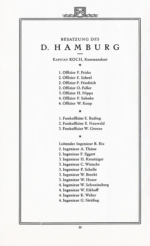 List of Senior Officers and Staff, Part 1 of 2, SS Hamburg First Class and Tourist Class Passenger List, 30 August 1934.