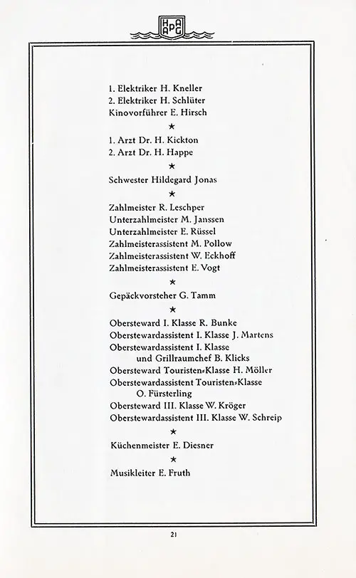 List of Senior Officers and Staff, Part 2 of 2, SS Hamburg First Class and Tourist Class Passenger List, 30 August 1934.