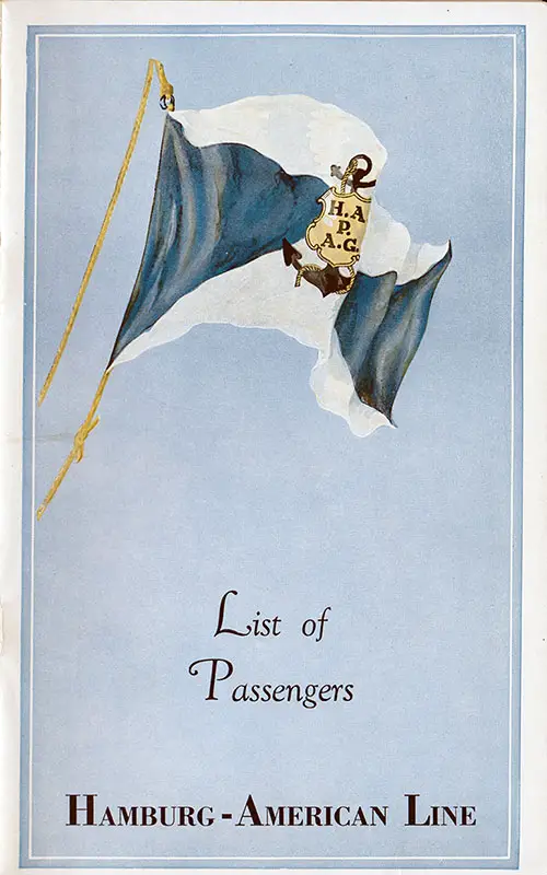 Front Cover of a First, Tourist, and Third Class Passenger List from the SS Hamburg of the Hamburg America Line, Departing Thursday, 11 July 1935 from New York to Hamburg