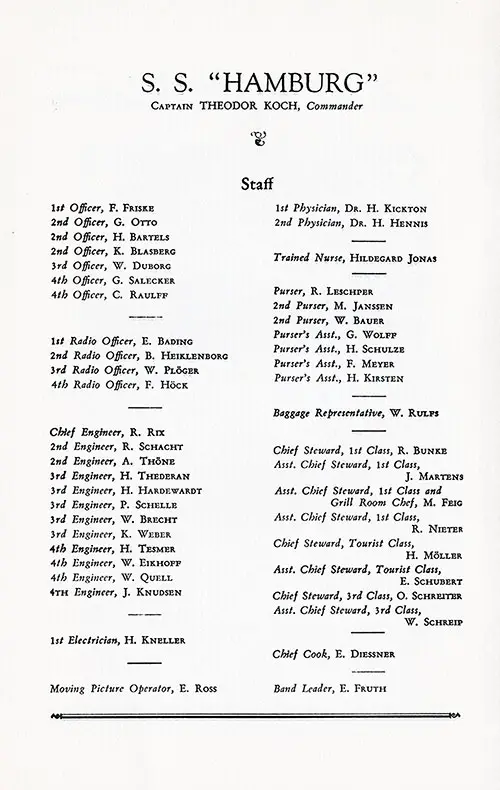 List of Senior Officers and Staff, SS Hamburg First, Tourist, and Third Class Passenger List, 11 July 1935.