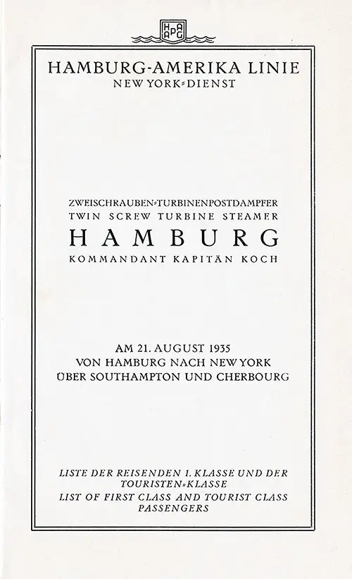 Title Page, SS Hamburg First and Tourist Class Passenger List, 21 August 1935.