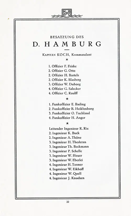 List of Senior Officers and Staff, Part 1 of 2, SS Hamburg First and Tourist Class Passenger List, 21 August 1935.
