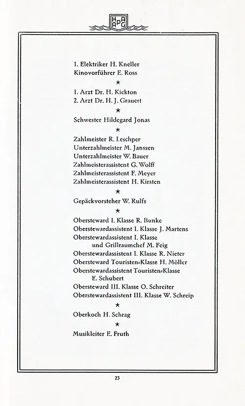 List of Senior Officers and Staff, Part 2 of 2, SS Hamburg First and Tourist Class Passenger List, 21 August 1935.