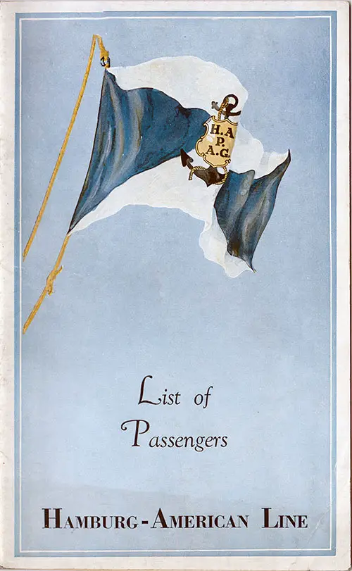 Front Cover of a Cabin, Tourist and Third Class Passenger List from the SS Hamburg of the Hamburg America Line, Departing Thursday, 4 June 1936 from New York to Hamburg